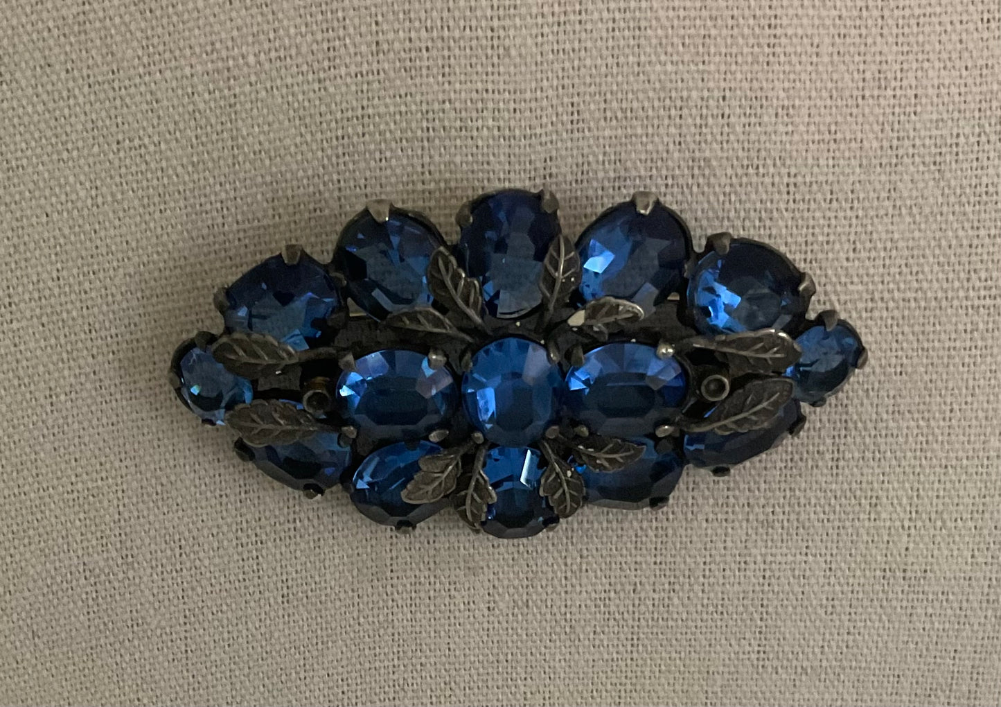 1940s Czech Blue Crystal & Silver Leaf Rhinestone Brooch