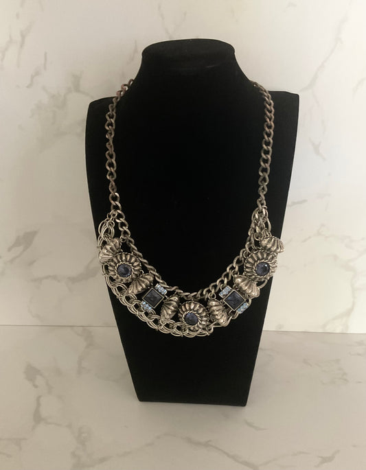Vintage Silvertone Chunky Blue Crystal Statement Necklace