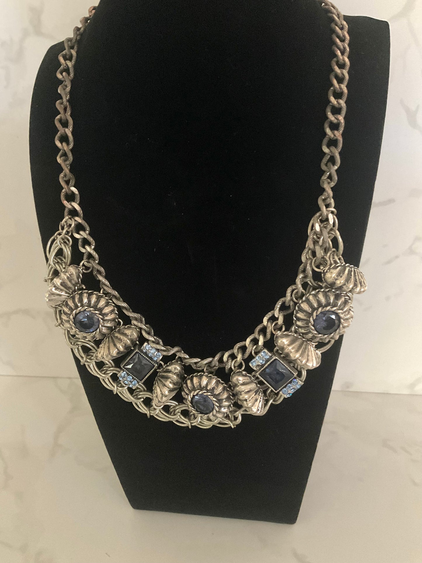 Vintage Silvertone Chunky Blue Crystal Statement Necklace