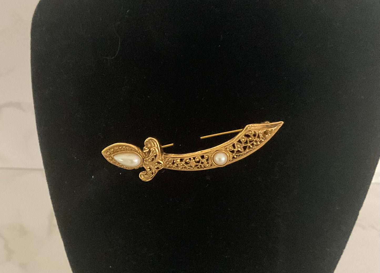 Vintage Goldtone & Pearl Sword Brooch