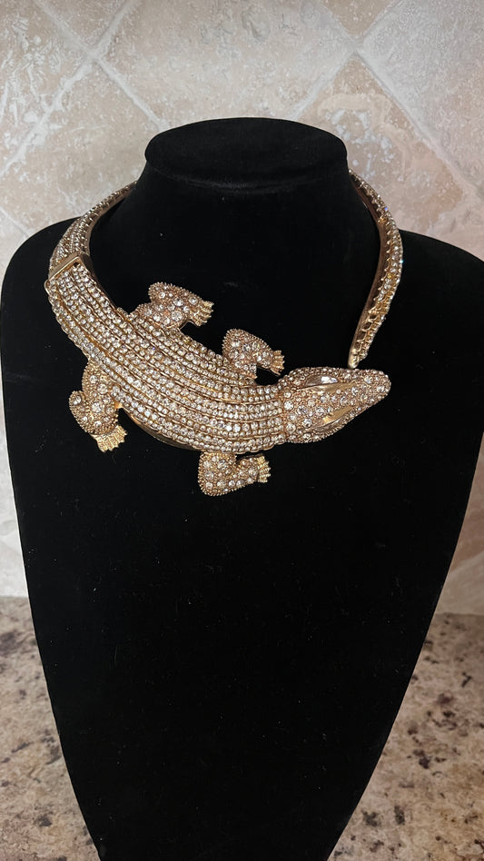 Vintage Rhinestone Alligator Crocodile Choker Gold Estate Necklace