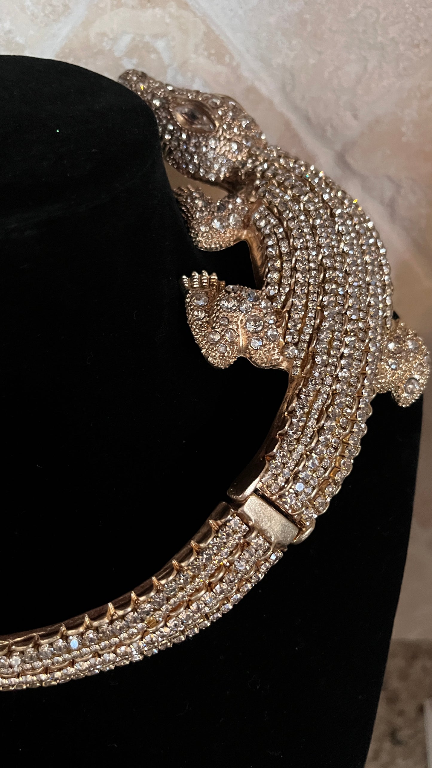 Vintage Rhinestone Alligator Crocodile Choker Gold Estate Necklace