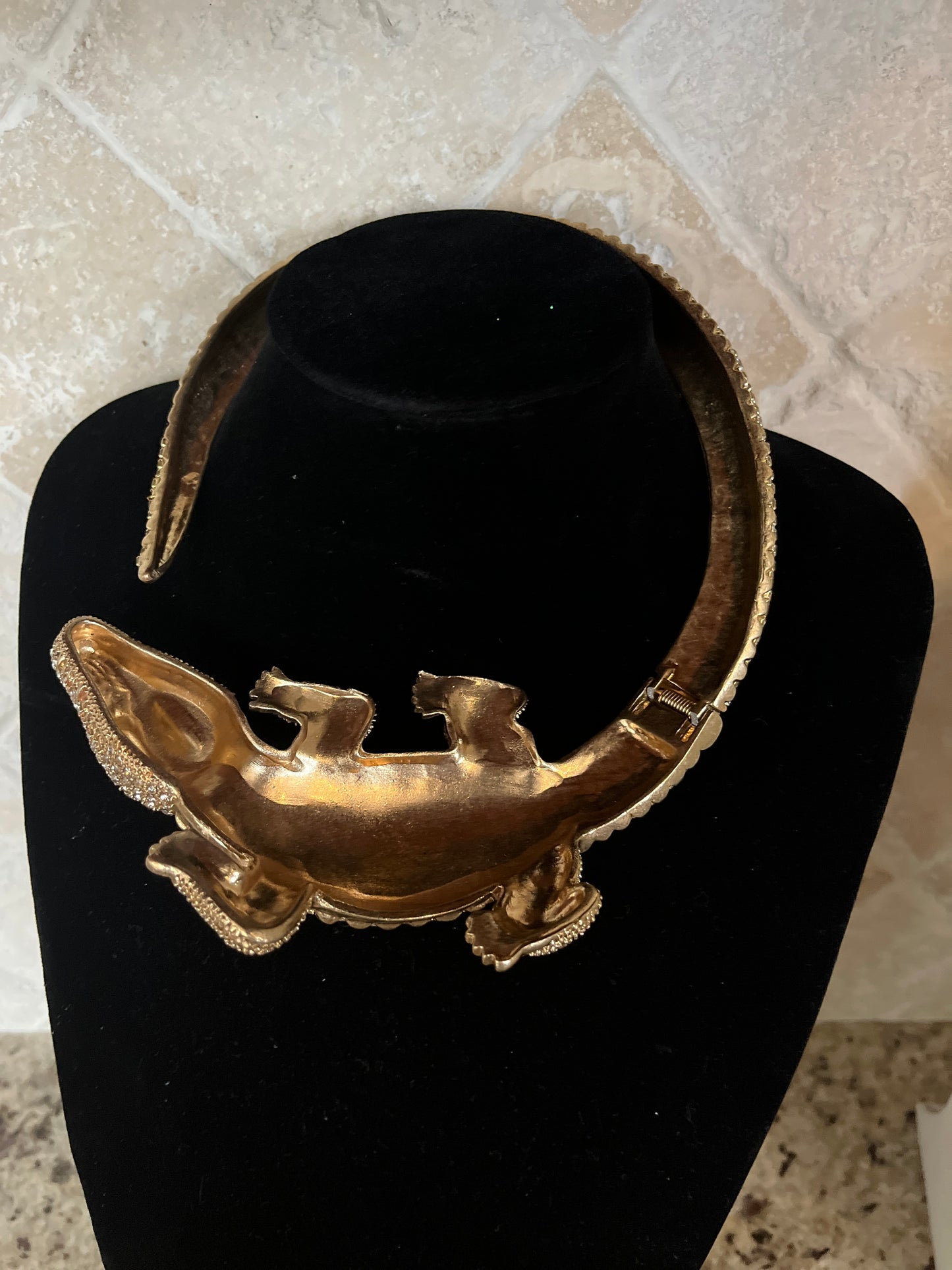 Vintage Rhinestone Alligator Crocodile Choker Gold Estate Necklace