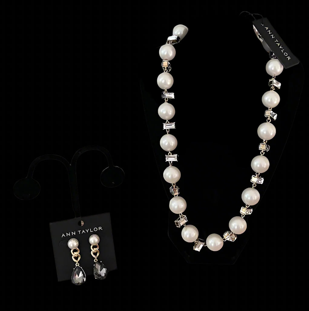 Ann Taylor Pearl Crystal Gold Necklace and Earrings (Set of 2)