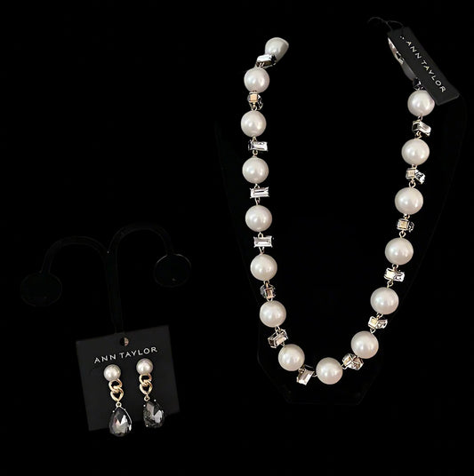 Ann Taylor Pearl Crystal Gold Necklace and Earrings (Set of 2)