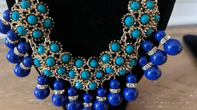 Vintage Banana Republic Blue Gold Turquoise Dangle Crystal Braided Rope Necklace