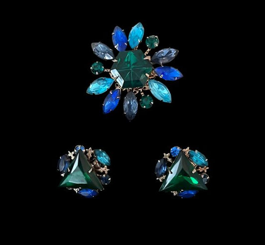 Vintage Signed Beau Jewels Crystal Brooch & Earrings Set