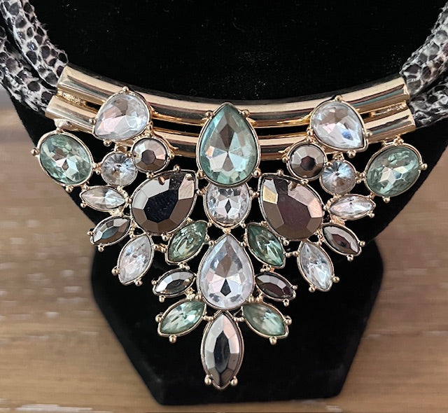 Vintage Banana Republic Double Rope Green & Grey Crystals Gold 18" Necklace
