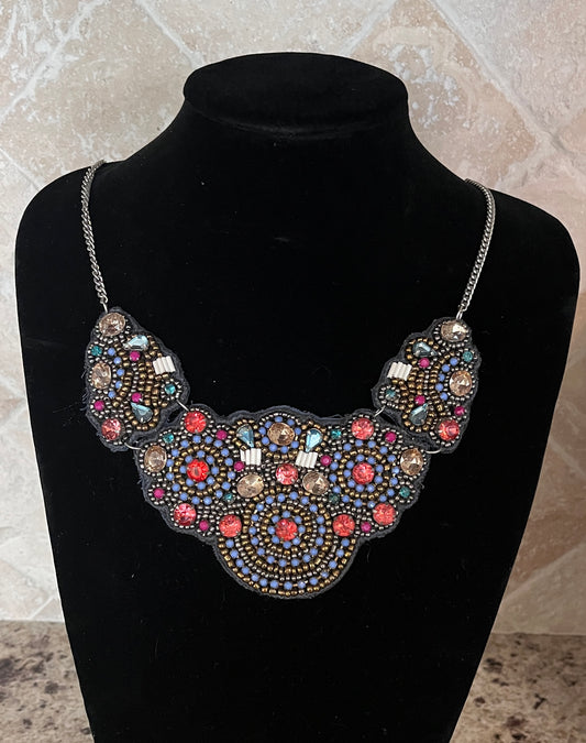Vintage Beaded Bejeweled Fabric Felt Bib Necklace