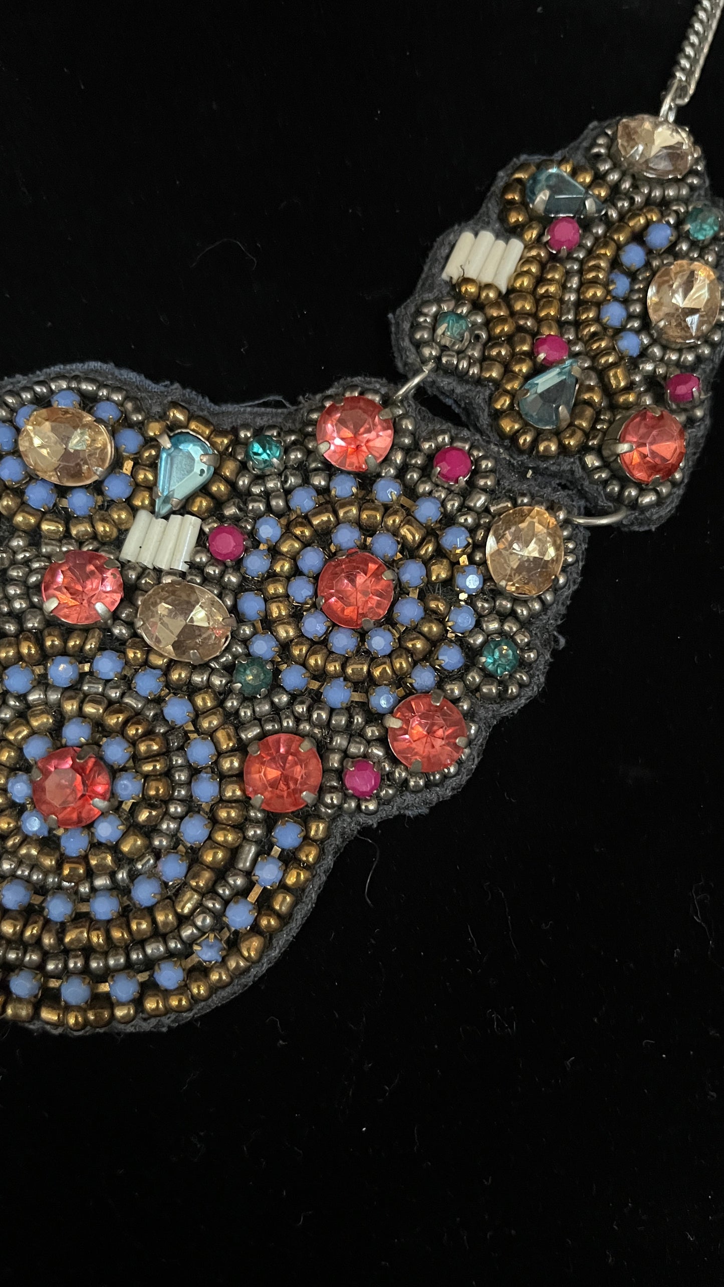 Vintage Beaded Bejeweled Fabric Felt Bib Necklace