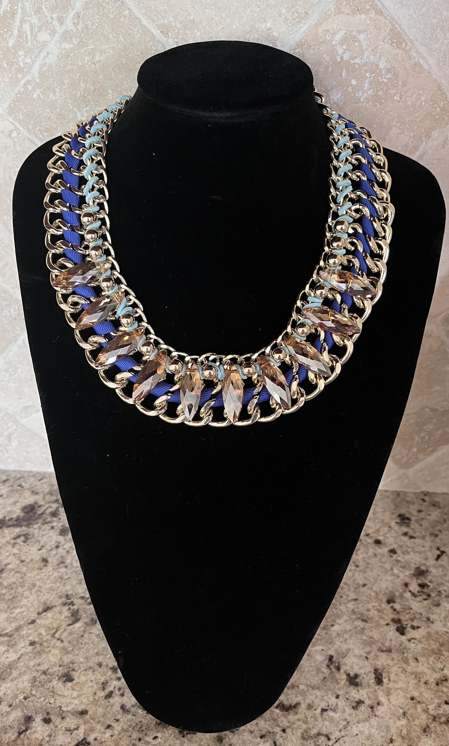 Vintage MACY's Miriam Haskell Gold Braided Taupe Crystal Choker Necklace