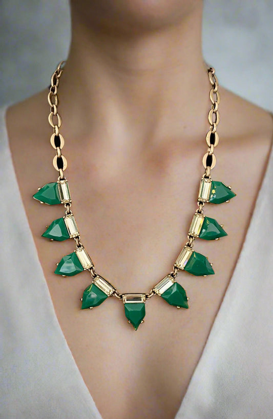 Stella & Dot Emerald Green & Crystal Dangle Statement Necklace